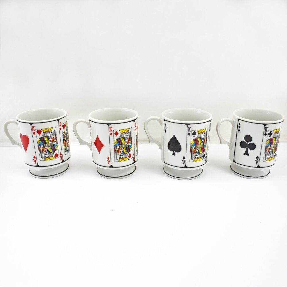 Playing Card Suit Pedestal Coffee Mugs Set 4 Hearts Diamonds Spades Clubs Poker